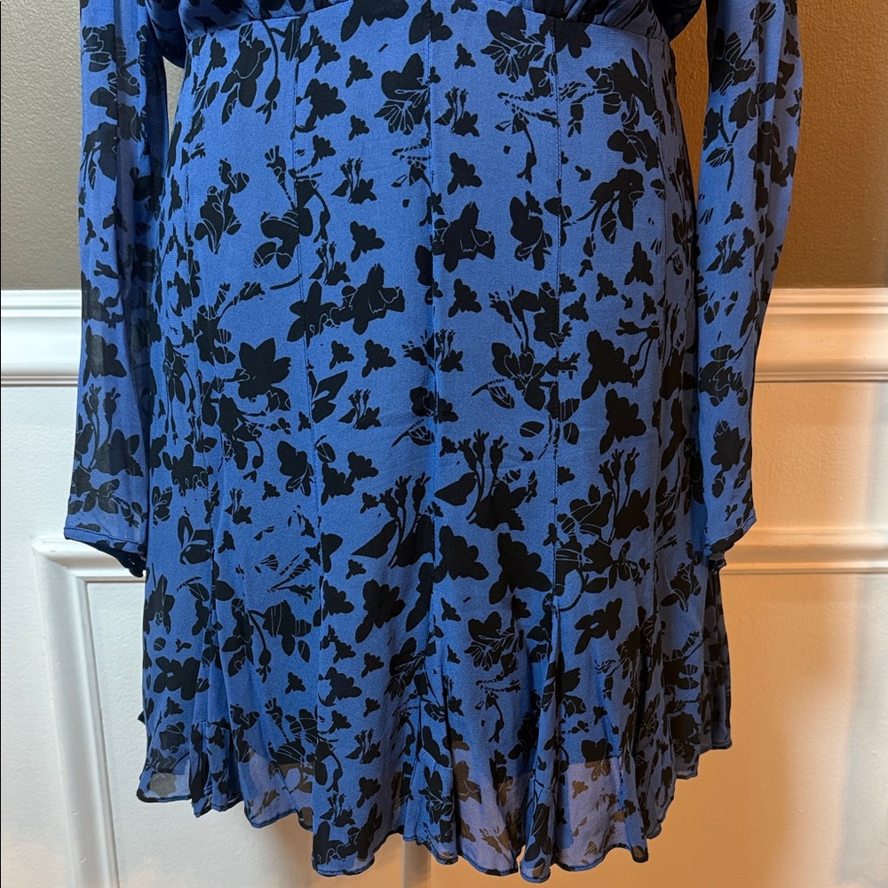 Karina Grimaldi Vicky Denim Floral Blue‎ Chiffon Mini Dress Long Sleeve M - Picture 6 of 11